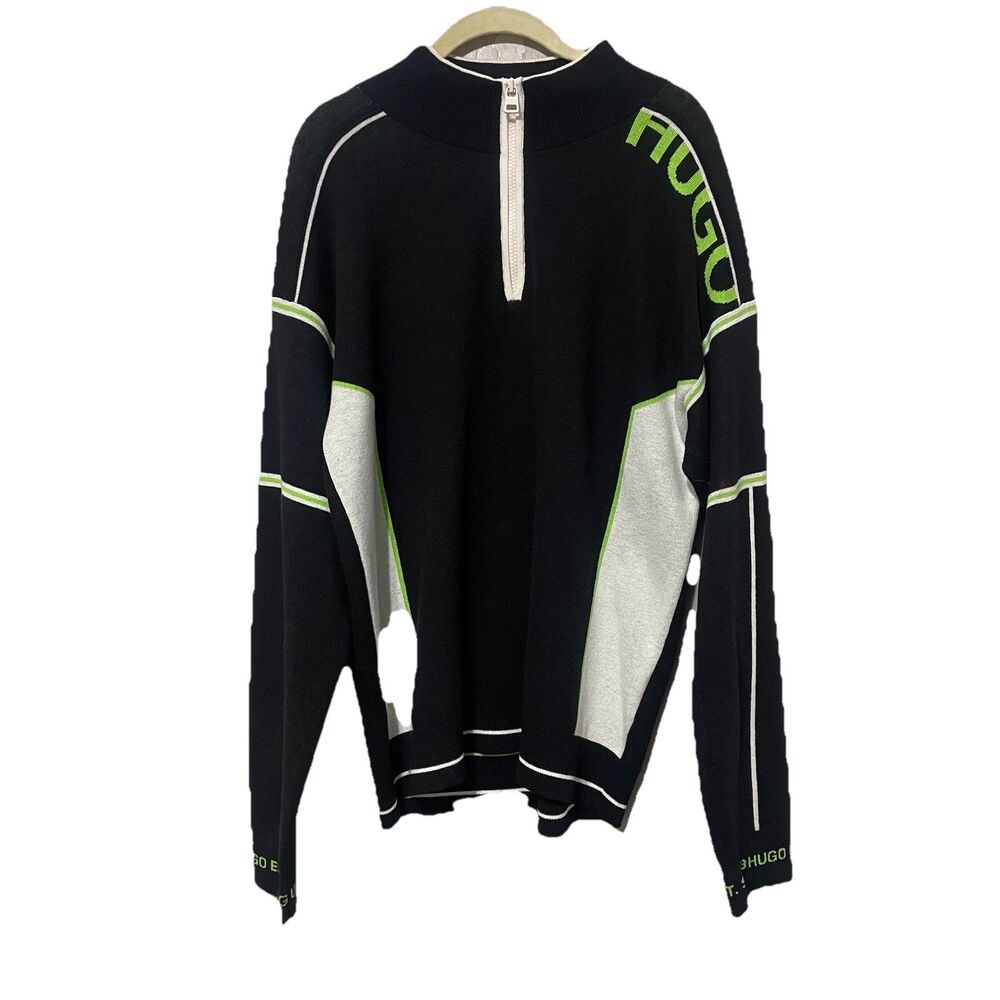 HUGO BOSS MENS BLACK Half-Zip SWEATER SLOGONO JACKET Green/White accents Size M